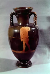 Attisk rød-figur amfora forestillende Euphorbos og spædbarnet Ødipus, fra Vulci, ca. 450 f.Kr. (keramik)